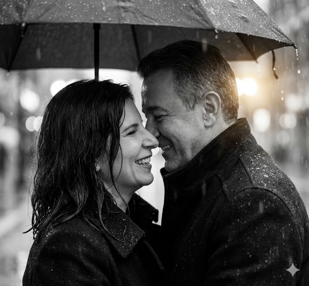 Imagem do prompt Casal_casaldividindoguardachuva