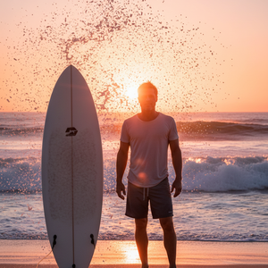 Imagem do prompt Efeitos_full body beach surfboard beside