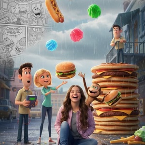 Imagem do prompt Personagens_paredepessoatachovendohamburguer