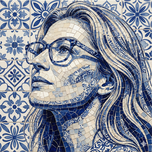 Imagem do prompt Rosto_surreal_create blueandwhite ceramic mosaic artwork